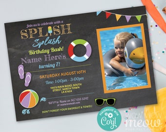 Pool Party Photo Invitation Splish Splash Birthday Bash Invite Swimming DOWNLOAD Personalize Chalk Editable Printable Template - WCBK007