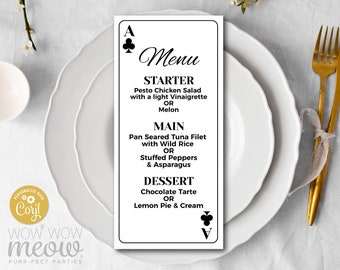 Playing Cards Menu Clubs Dinner Las Vegas Template Package Casino Digital DOWNLOAD Wedding Birthday Printable Personalize Editable WCBA002