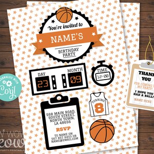 May include: A basketball-themed birthday party invitation set with orange and black graphics. Includes invitation, RSVP, thank you tag, and decorative elements like a basketball, jersey, and timer. The invitation reads "You're invited to NAME'S BIRTHDAY PARTY".