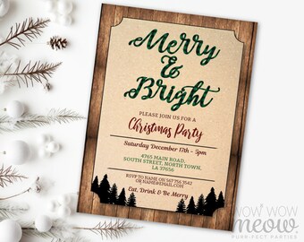 May include: A Christmas party invitation with a rustic design. The invitation features the words "Merry & Bright" in green plaid lettering. The invitation includes party details and a silhouette of pine trees.