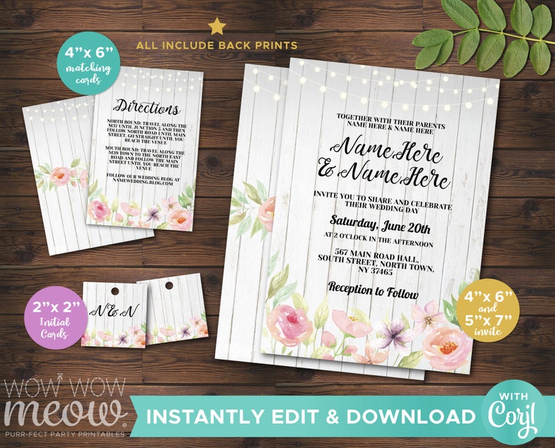 Wedding Invitations Set Template Wood Package Printable Invites Save The Date INSTANT DOWNLOAD Tags Pink Floral Personalize Editable WCWP079