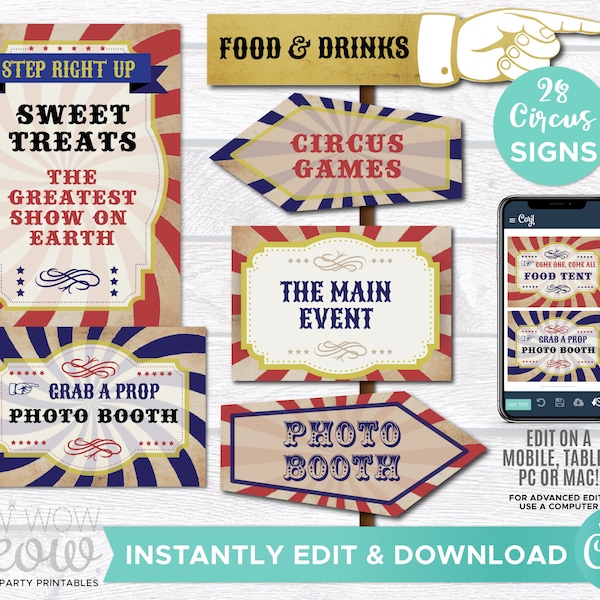 28 Vintage Circus Signs Printable INSTANT DOWNLOAD Direction Arrow Signpost Personalize Birthday Carnival Party A4 Hand Editable WCBK316
