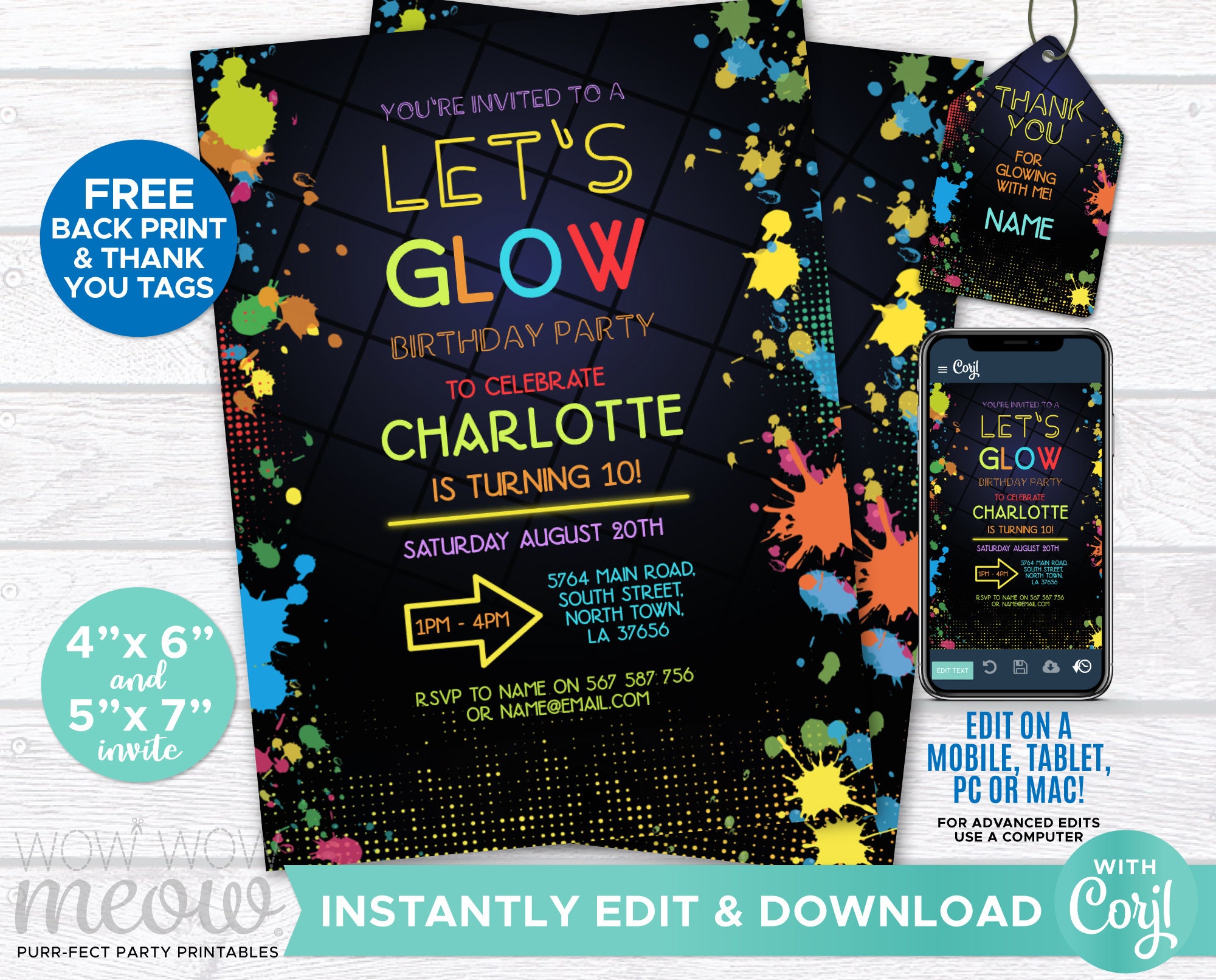 NEON Let's Glow Party Invite Invitation Birthday Any Age Etsy