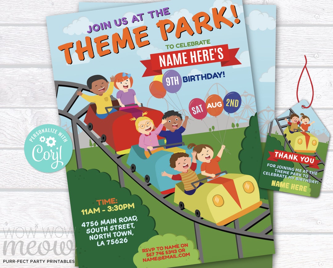 Theme Park Birthday Amusement Invitations Rollercoaster Party Etsy