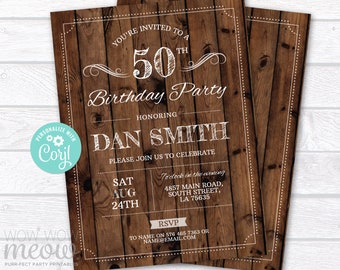 50th Birthday Invitation Wood Mens - any age 40th 60th 70th 90th Rustic Invite Party INSTANT DOWNLOAD Printable Editable Personalize WCBA015