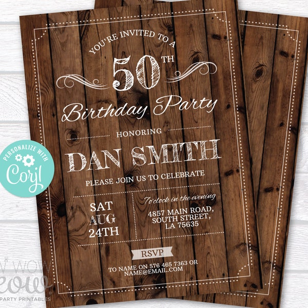50th Birthday Invitation Wood Mens - any age 40th 60th 70th 90th Rustic Invite Party INSTANT DOWNLOAD Printable Editable Personalize WCBA015