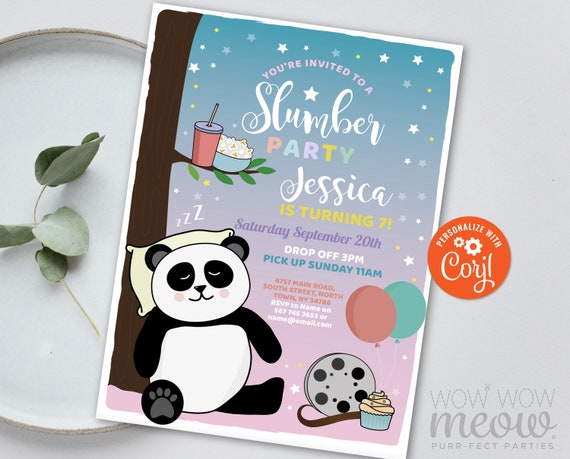 Slumber Party Panda Girls Movie Pink Night Invitation Sleepover.