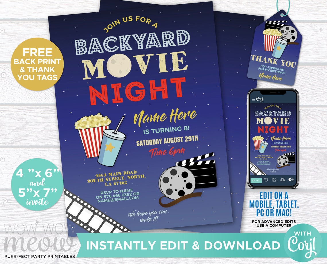 Backyard Movie Night Invitation Birthday Outdoor Film Party | Etsy