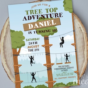Tree Top Adventures Birthday Invitations Zip Line Outdoor Park ANY Age DOWNLOAD Party Invites Trees Zipline Twins Editable Printable WCBK609