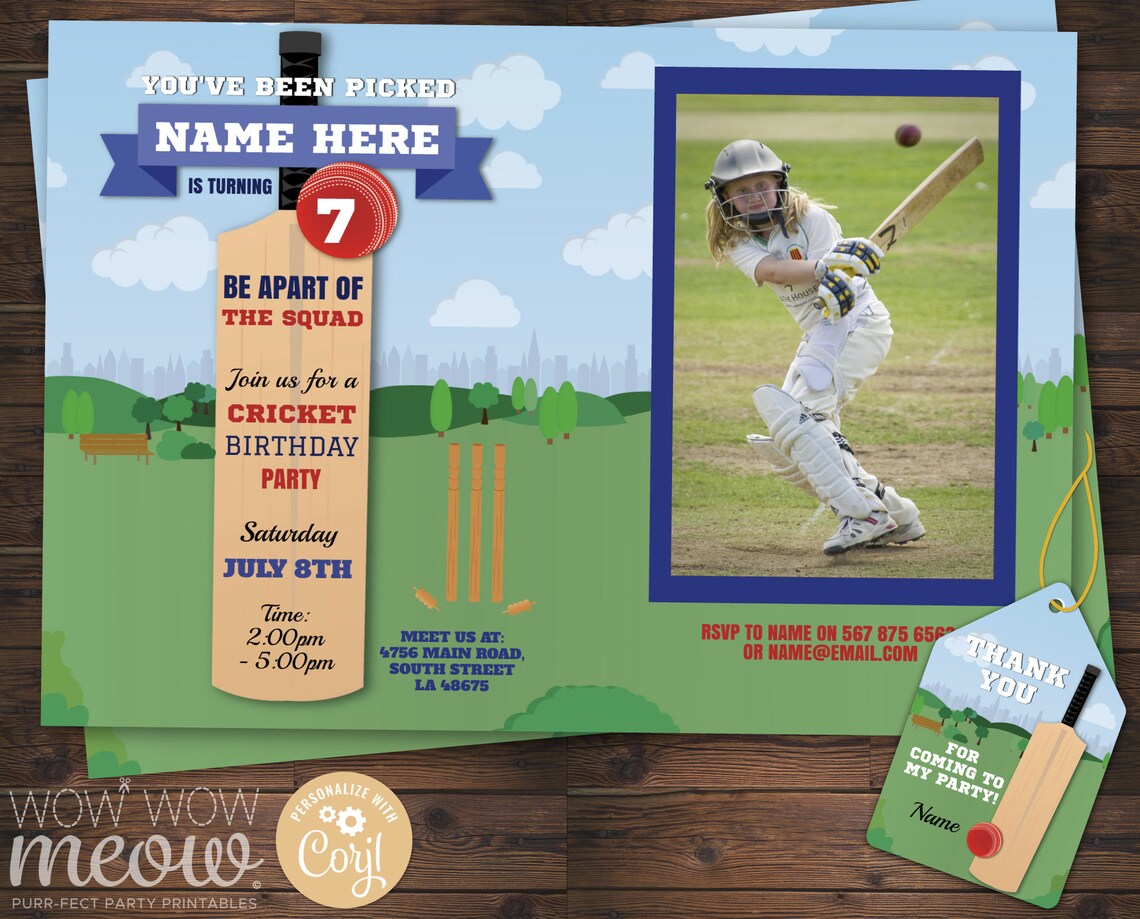 Cricket Bat Invitation Sports Party Birthday Invite Photo Boys Etsy UK