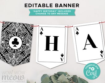 Clubs Playing Cards Banner Birthday Party Bunting Flags Casino Theme Wonderland Editable Download Birthday Decoration Printable WCBA002