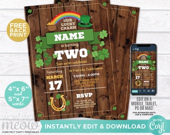 St Patricks Day Birthday Invitations ANY Age Lucky Charm Invites Party Gold INSTANT DOWNLOAD Green Shamrock Personalize Edit Print WCSTP004
