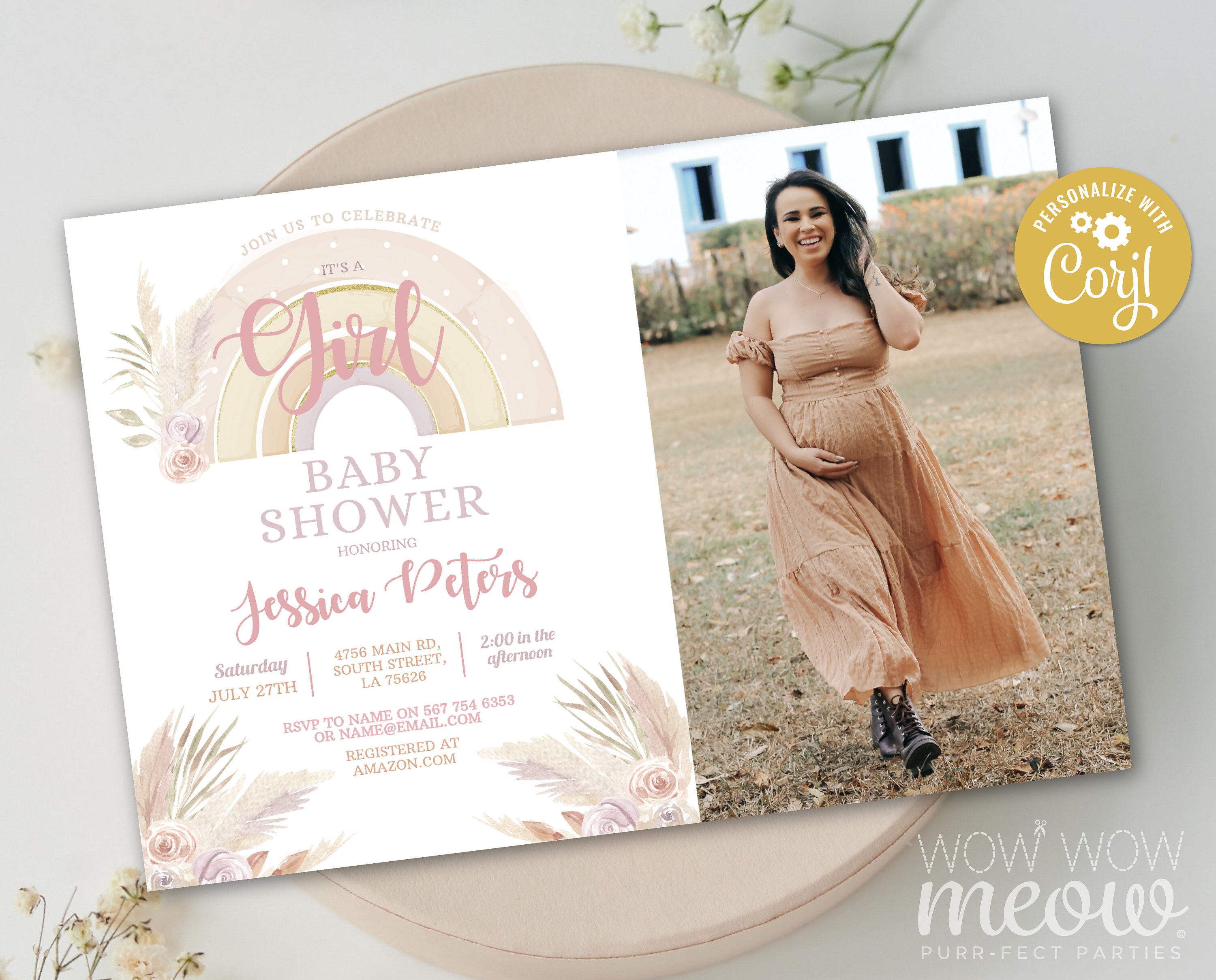 Paper girl baby shower invite boho rainbow baby shower invitation