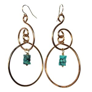 Brass XL- Double Hoop Earrings- Turquoise Hoop Earrings- Brass Hammered Earrings- 14k Gold Fill Ear Wires- Anti-Tarnish