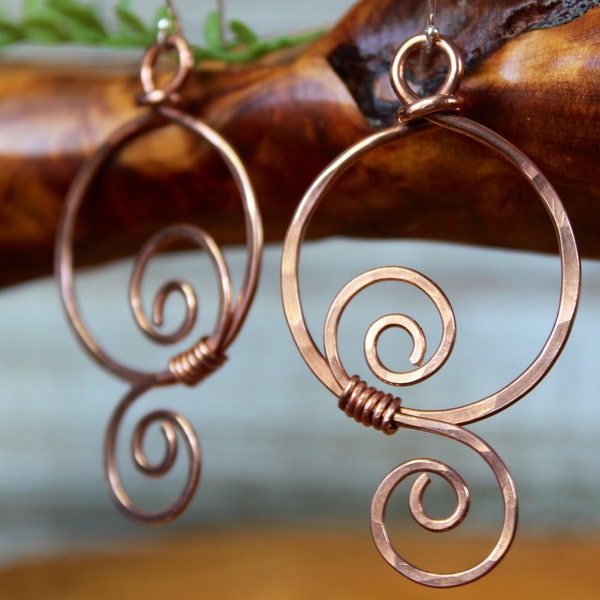 Spiral earrings- hammered hoop earrings- copper earrings- brass earrings- silver earrings- handmade metal earrings- spiral jewelry- hoops