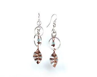 Sterling and copper leaf earrings- small- Pacific Opal Swarovski Crystals- sterling silver- leaf earrings- copper leaves- swarovski crystal