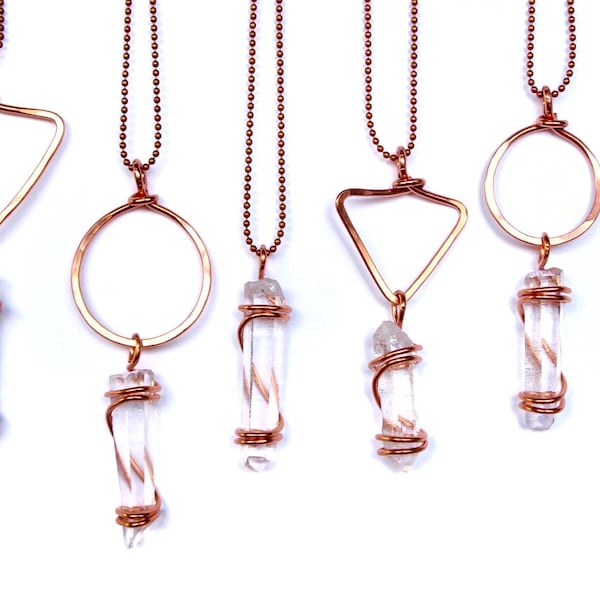 Copper Quartz Crystal Necklaces- Clear Quartz- Quartz Jewelry- Long Crystal Necklaces- Hammered Copper necklace- Healing Necklace-