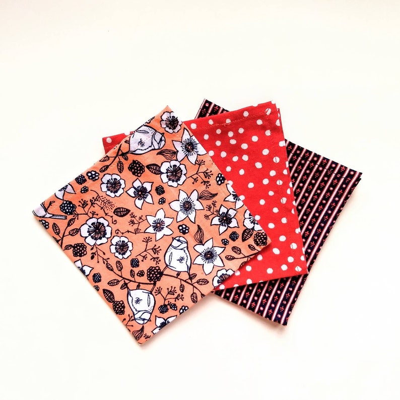 Handkerchief Pocket Square Reusable Tissue 100% Cotton Red Hemmed Edges Rolled by Hand Set or Single image 1