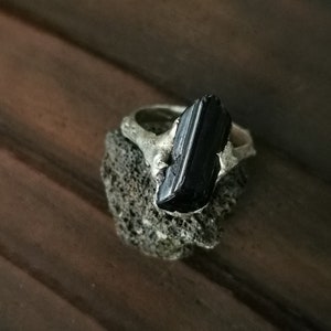 Chunky Black Tourmaline Ring, Soft Soldered Ring, Gothic Witchy Ring
