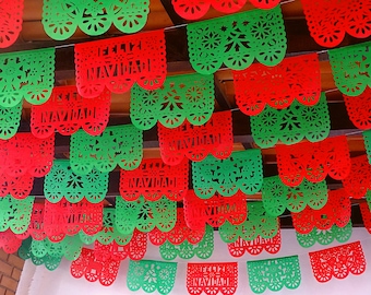 Feliz Navidad Papel Picado Banner, Red and Green Mexican Fiesta Decor