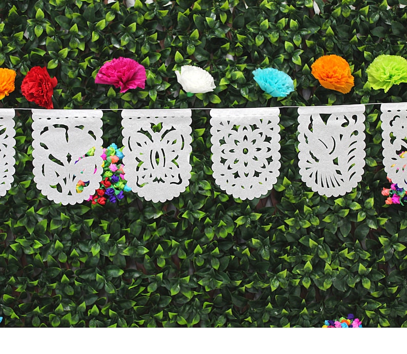 Small Mini White Banners, Five Pack, 20 Ft Long, Fiesta decoration, Cinco de Mayo, Papel Picado, Mexican Garland, image 1