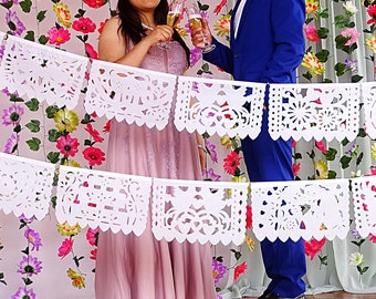 Mexica Papel picado banner 60 Ft long, White Wedding Banners, Paper picado Garland, Fiesta Decoration,Cinco de Mayo, Papel Picado, WS400