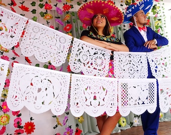 White Papel Picado Banners, Mexican Wedding Fiesta Decor, 5 Pack