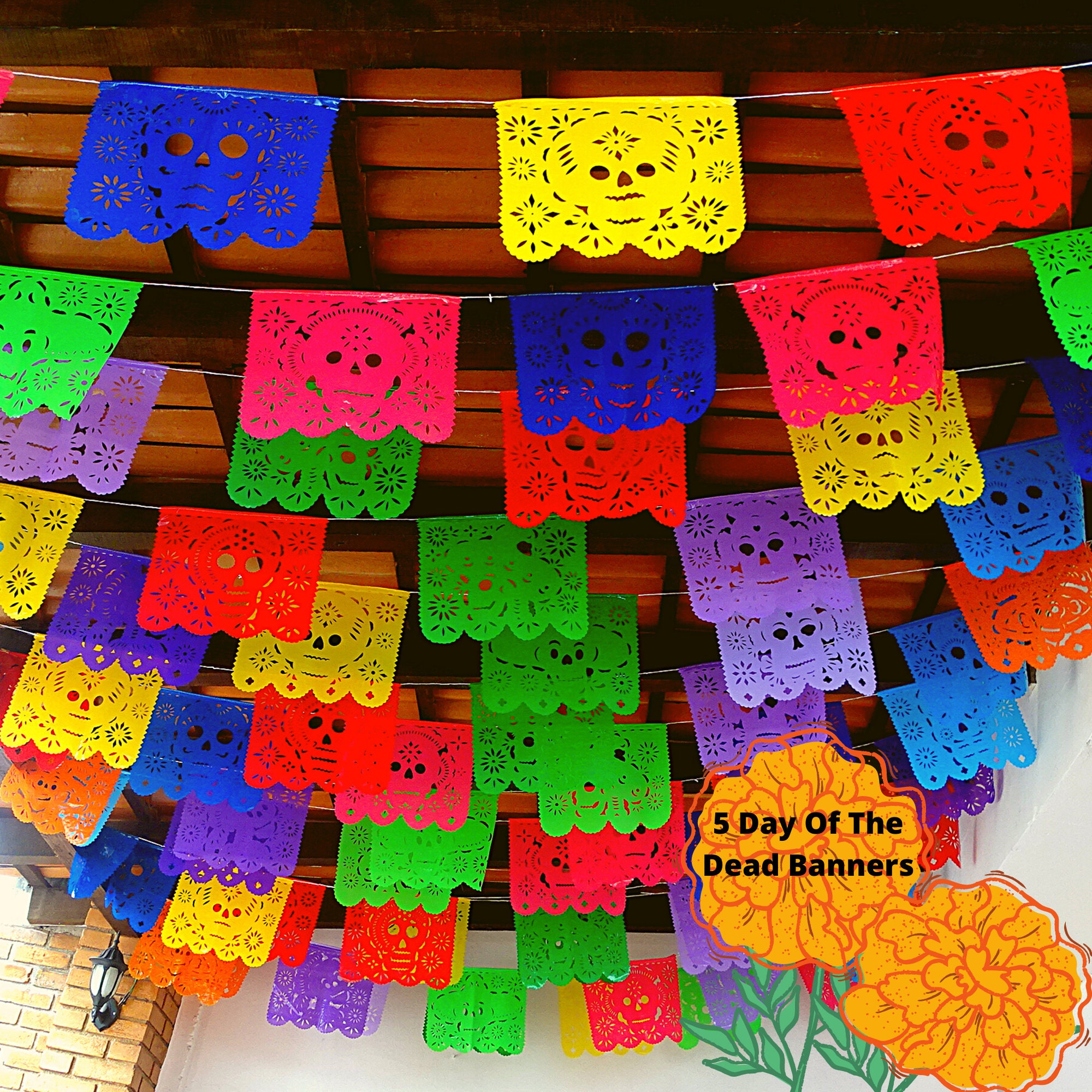 Bandera Decorativa Día De Muertos - Tela Poliéster, Diseño Tradicional Con Calaveras, Ideal Para Halloween O Altar