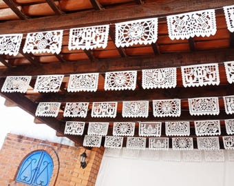 White Plastic Papel Picado Banners, Mexican Fiesta Decor (Set of 5)