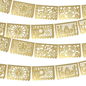 Metalic Gold Papel Picado, 5 Pack, 60 Feet, Mexican theme party supplies, Mexican Flag Banner, Fiesta decoration, Papel picado Banner,