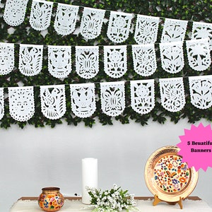 Small Mini White Banners, Five Pack, 20 Ft Long, Fiesta decoration, Cinco de Mayo, Papel Picado, Mexican Garland, image 6