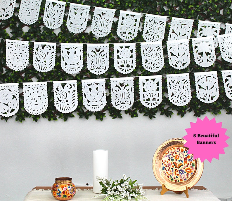 Small Mini White Banners, Five Pack, 20 Ft Long, Fiesta decoration, Cinco de Mayo, Papel Picado, Mexican Garland, image 6