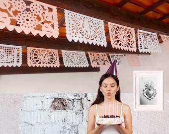 Peach and White Papel Picado Banners, Mexican Fiesta Decor, Set of 5