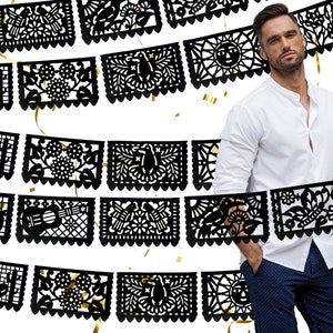 Mexico decor, Black Papel Picado, Mexican Fiesta, 60 feet long, Fiesta banner, Cinco de Mayo, Mexican Wedding, Coco Party Supplies, WS250