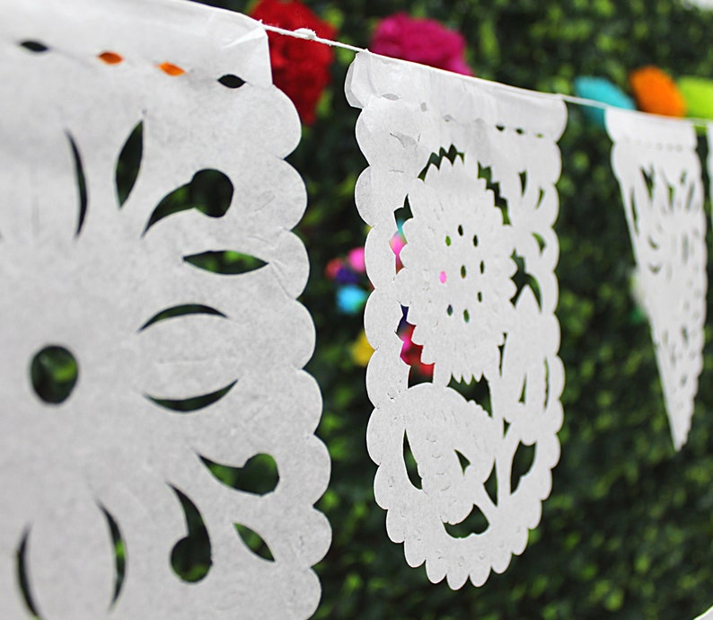Small Mini White Banners, Five Pack, 20 Ft Long, Fiesta decoration, Cinco de Mayo, Papel Picado, Mexican Garland, image 5