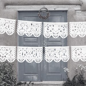 Papel Picado, 5 Banners, Each Banner 12 Feet Long, White baby shower banners, Fiesta decorations, Mexican party supplies, Baptism Banner.