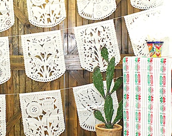 White oval Mexican Papel picado Banners, Wedding Garland, Mexican party decor, Wedding Decoration, Cinco de Mayo, Fiesta decoration.