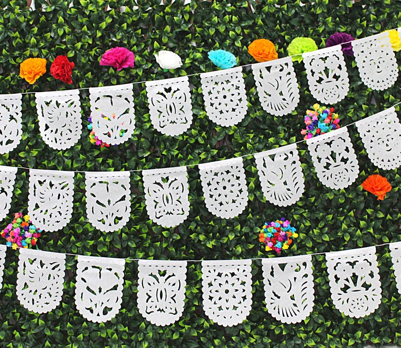 Small Mini White Banners, Five Pack, 20 Ft Long, Fiesta decoration, Cinco de Mayo, Papel Picado, Mexican Garland, image 3