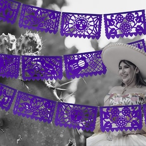 Pancartas de Papel picado púrpura, 12 pies de largo, Fiesta de estilo mexicano, Guirnalda de papel picado, Decoraciones de fiesta, Decoración de fiesta, Cinco de Mayo, WS2010