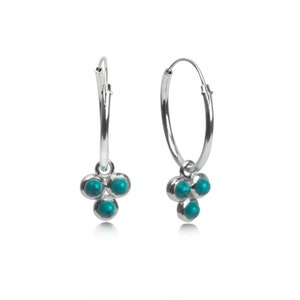 Orecchini a cerchio con ciondolo a forma di trilogia turchese in argento sterling, cerchi in argento, pietra preziosa turchese