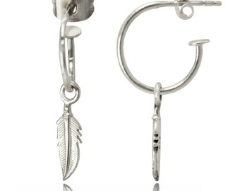 925 Sterling Silver Hoop with Feather Dangling, sterling silver earrings, open hoops