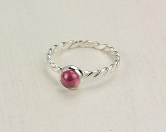 Birthstone Silver Ring – October– Cabochon Genuine Pink Tourmaline Gemstone, silver ring, twisted wire shank, stackable ring