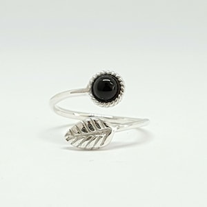 Adjustable Ring, Black onyx ring, sterling silver ring, flower and leaf ring,