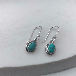 Brinco de prata esterlina, brinco pendurado, turquesa genuína de 5 x 7 mm, pedra da lua, labradorita, lápis-lazúli, ônix preto, genuíno,