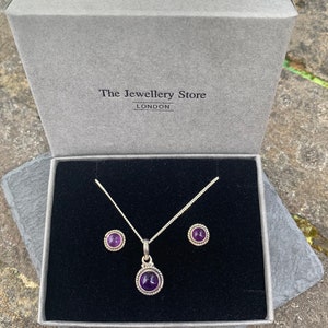Round Amethyst jewellery set, sterling silver, round pendant necklace and studs, fine curb chain