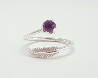 Adjustable Sterling Silver Ring: Amethyst & Leaf Detail
