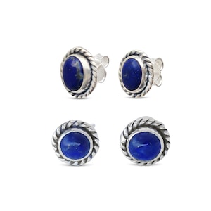 925 sterling silver stud genuine Lapis round and oval