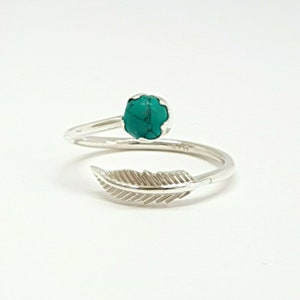 Adjustable ring, Turquoise ring, floral ring, sterling silver, Turquoise and a leaf wrap, wrap silver ring