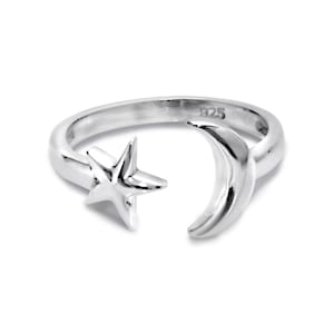 Adjustable Star and Crescent Moon Ring in Silver