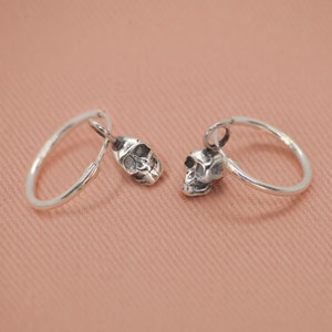 Sterling Silver Hoop Earrings with Skull Charm - 15mm